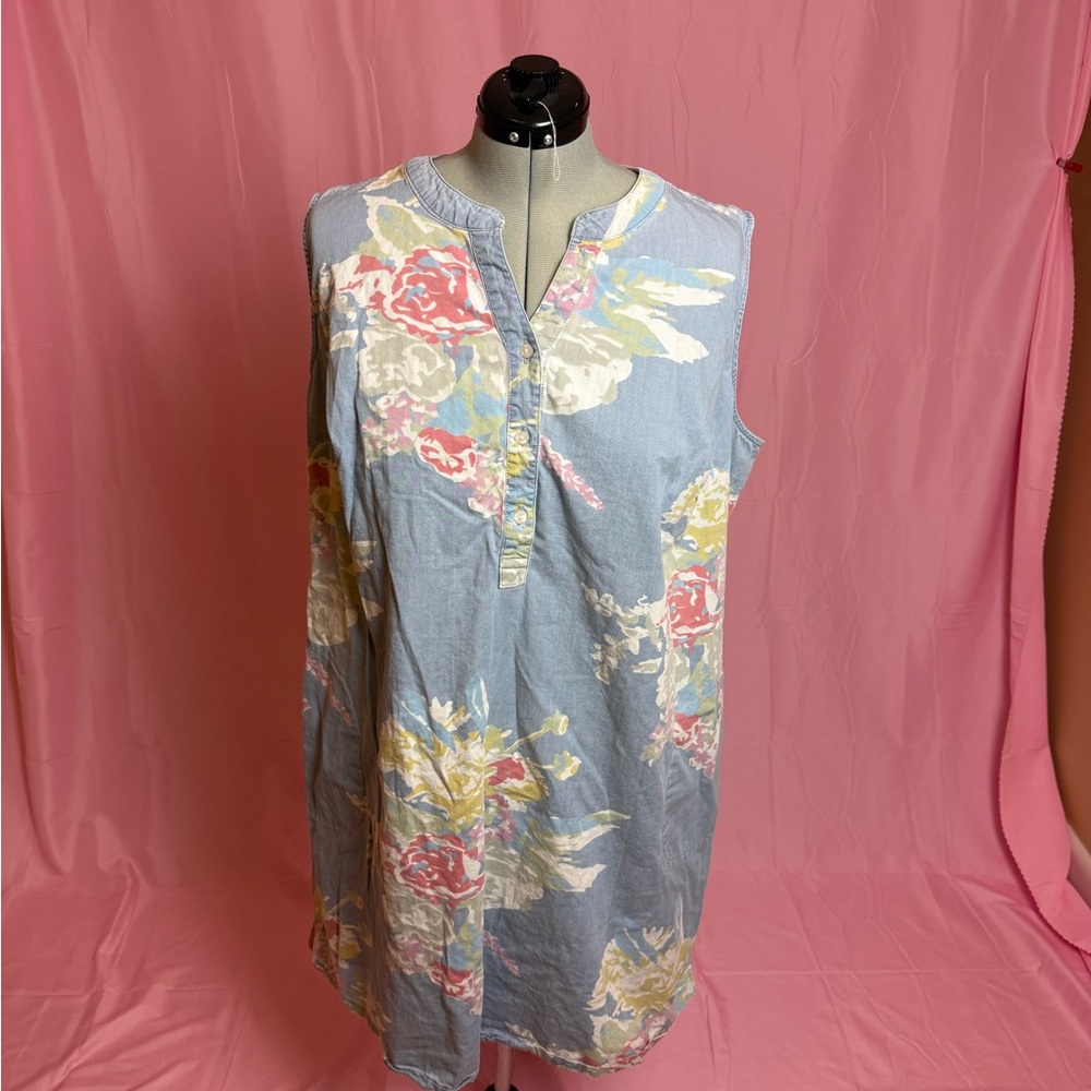 Dia & Co Blue and Pink Midi Dress with Mandarin Collar